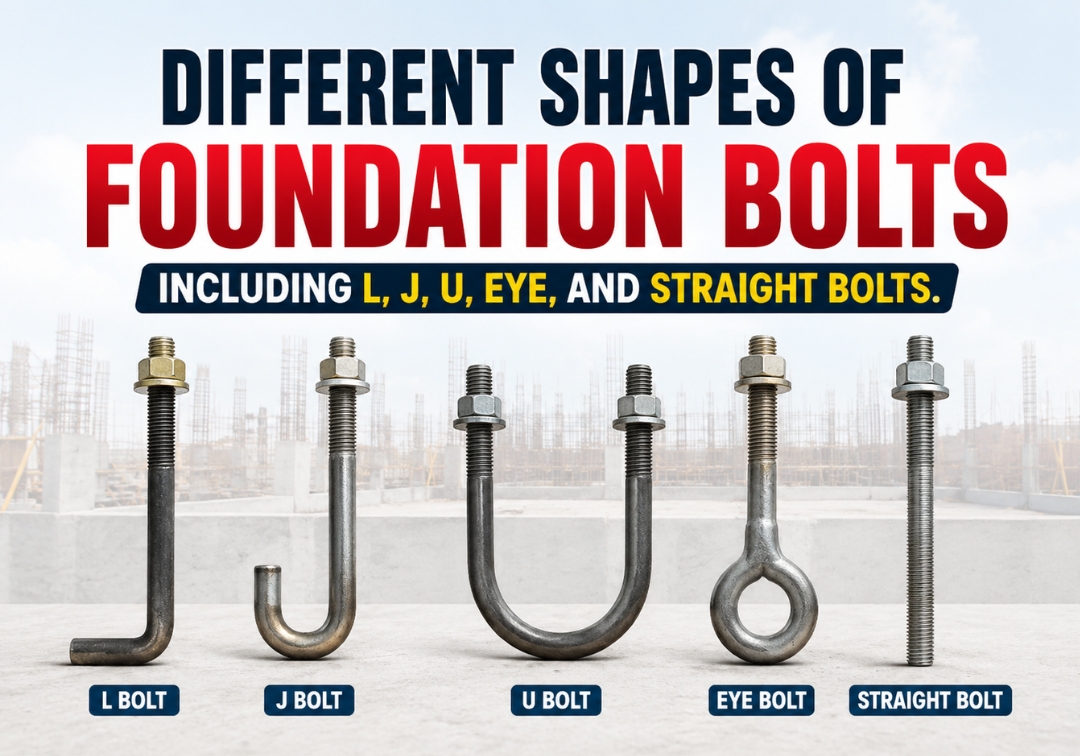 Different shapes of foundation bolts including L, J, U, Eye, and Straight bolts