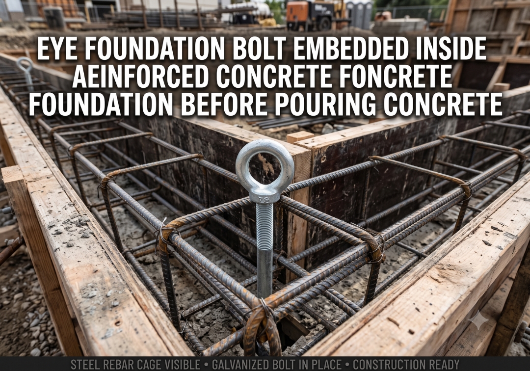 Eye Foundation Bolt embedded inside a reinforced concrete foundation before pouring concrete.